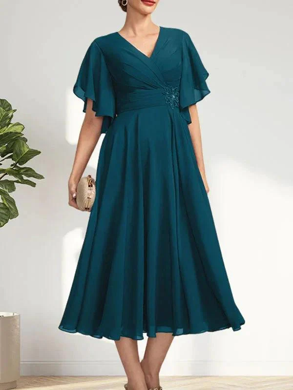A-line V-Neck Tea-Length Chiffon Mother of the Bride Dress With Pleated Beading - Image 40