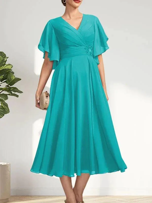 A-line V-Neck Tea-Length Chiffon Mother of the Bride Dress With Pleated Beading - Image 41