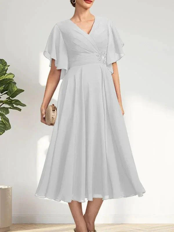 A-line V-Neck Tea-Length Chiffon Mother of the Bride Dress With Pleated Beading - Image 42