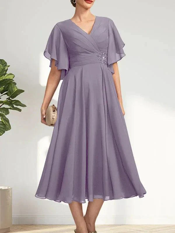 A-line V-Neck Tea-Length Chiffon Mother of the Bride Dress With Pleated Beading - Image 44