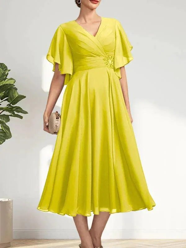 A-line V-Neck Tea-Length Chiffon Mother of the Bride Dress With Pleated Beading - Image 45