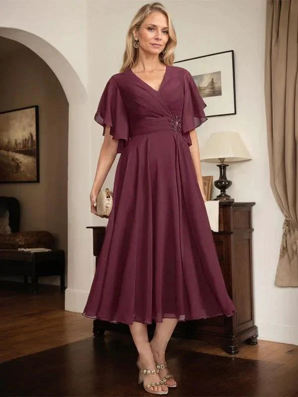 A-line V-Neck Tea-Length Chiffon Mother of the Bride Dress With Pleated Beading - Image 5