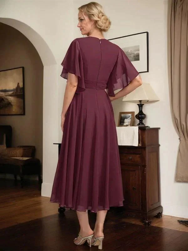 A-line V-Neck Tea-Length Chiffon Mother of the Bride Dress With Pleated Beading - Image 6