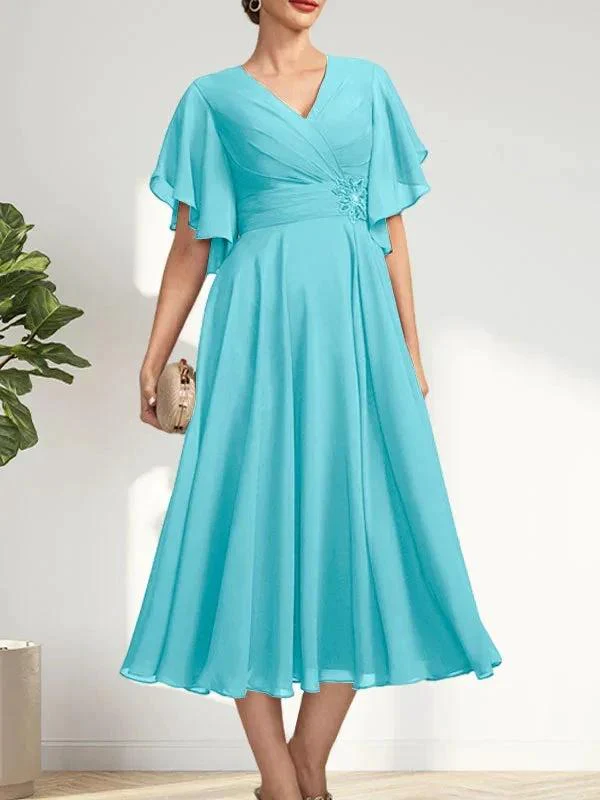 A-line V-Neck Tea-Length Chiffon Mother of the Bride Dress With Pleated Beading - Image 8