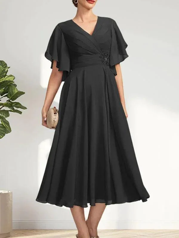A-line V-Neck Tea-Length Chiffon Mother of the Bride Dress With Pleated Beading - Image 9