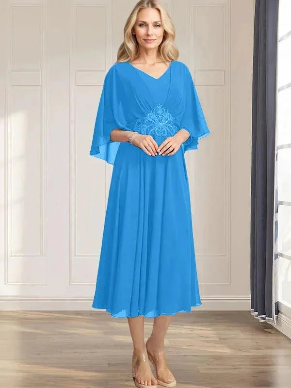 A-line V-Neck Tea-Length Chiffon Mother of the Bride Dress With Pleated Sequins Appliques Lace Beadind - Image 10