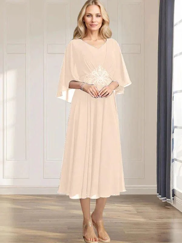 A-line V-Neck Tea-Length Chiffon Mother of the Bride Dress With Pleated Sequins Appliques Lace Beadind - Image 11