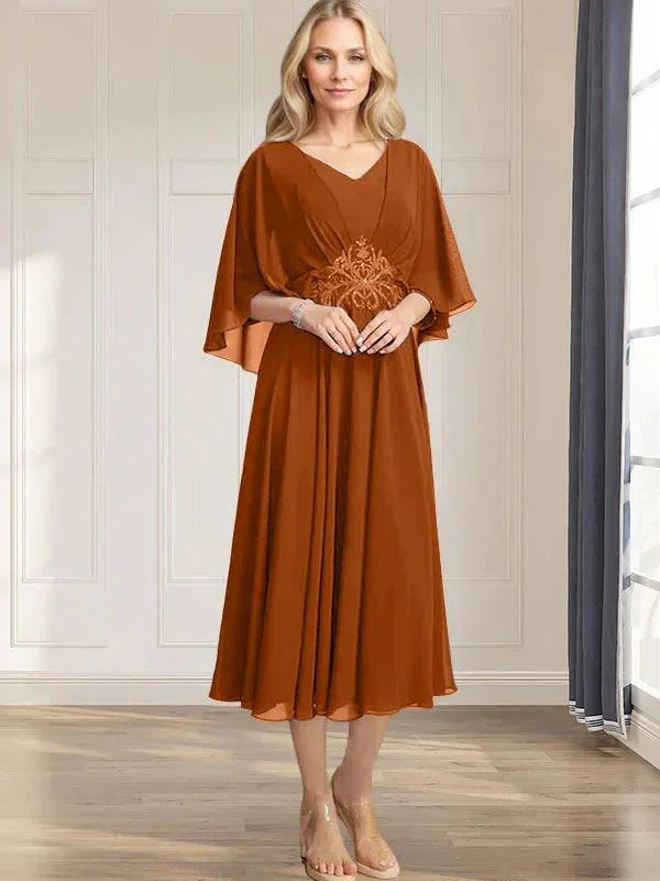 A-line V-Neck Tea-Length Chiffon Mother of the Bride Dress With Pleated Sequins Appliques Lace Beadind - Image 12