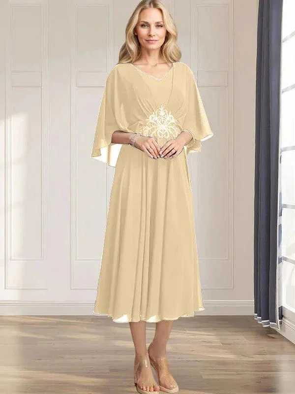 A-line V-Neck Tea-Length Chiffon Mother of the Bride Dress With Pleated Sequins Appliques Lace Beadind - Image 13