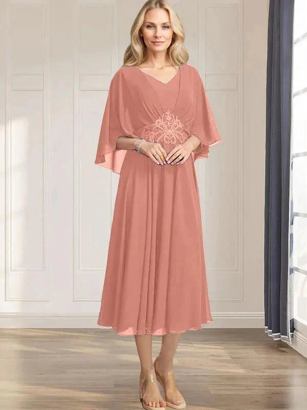 A-line V-Neck Tea-Length Chiffon Mother of the Bride Dress With Pleated Sequins Appliques Lace Beadind - Image 14