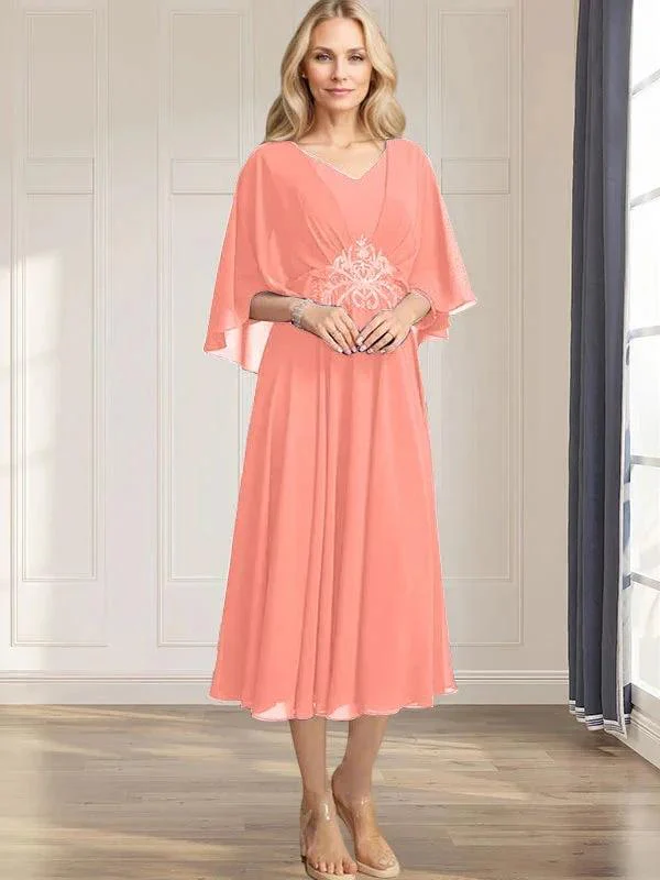 A-line V-Neck Tea-Length Chiffon Mother of the Bride Dress With Pleated Sequins Appliques Lace Beadind - Image 15