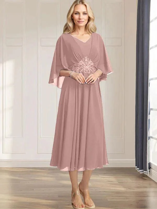 A-line V-Neck Tea-Length Chiffon Mother of the Bride Dress With Pleated Sequins Appliques Lace Beadind - Image 16