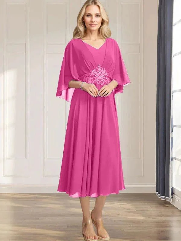 A-line V-Neck Tea-Length Chiffon Mother of the Bride Dress With Pleated Sequins Appliques Lace Beadind - Image 17