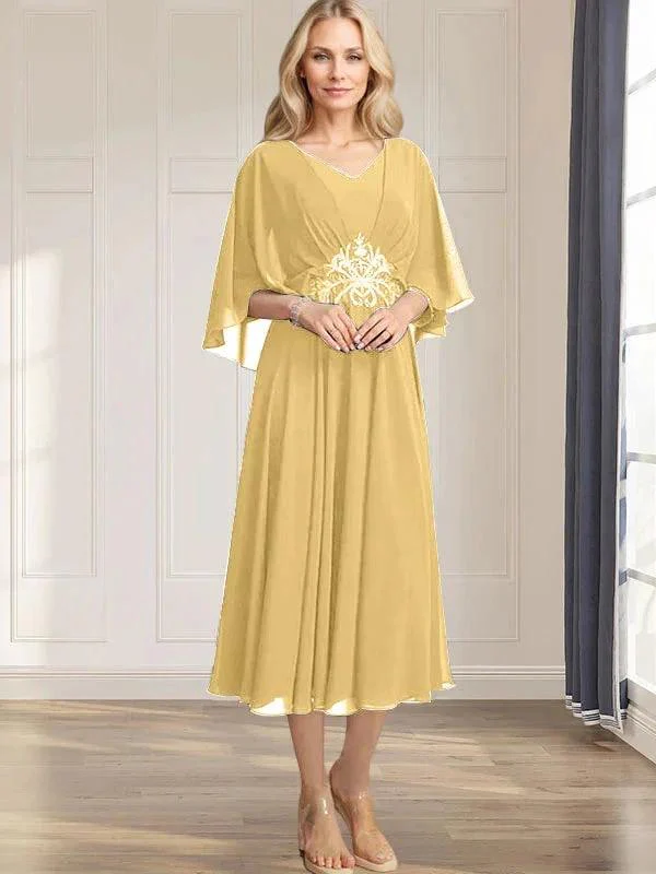 A-line V-Neck Tea-Length Chiffon Mother of the Bride Dress With Pleated Sequins Appliques Lace Beadind - Image 18