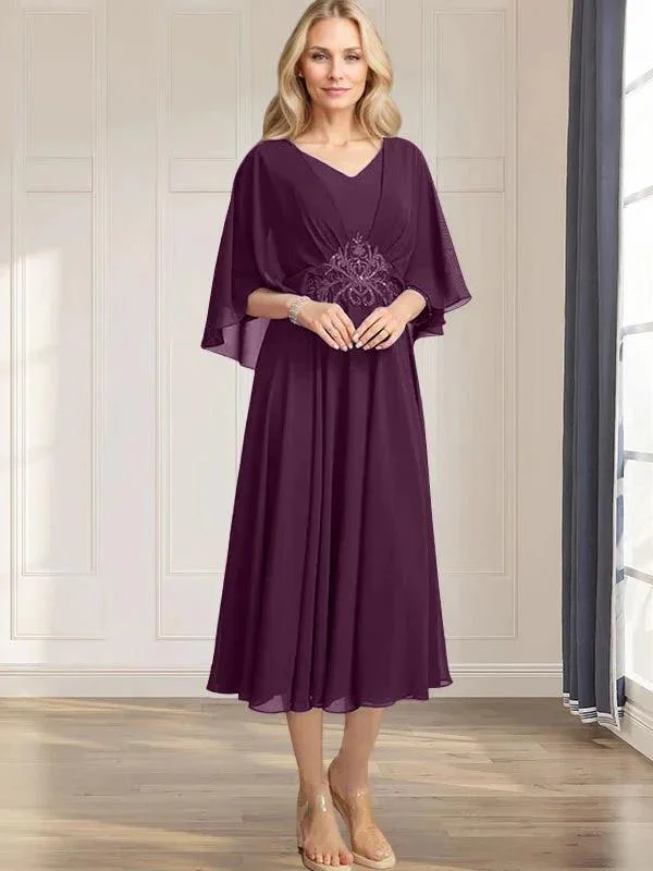 A-line V-Neck Tea-Length Chiffon Mother of the Bride Dress With Pleated Sequins Appliques Lace Beadind - Image 19