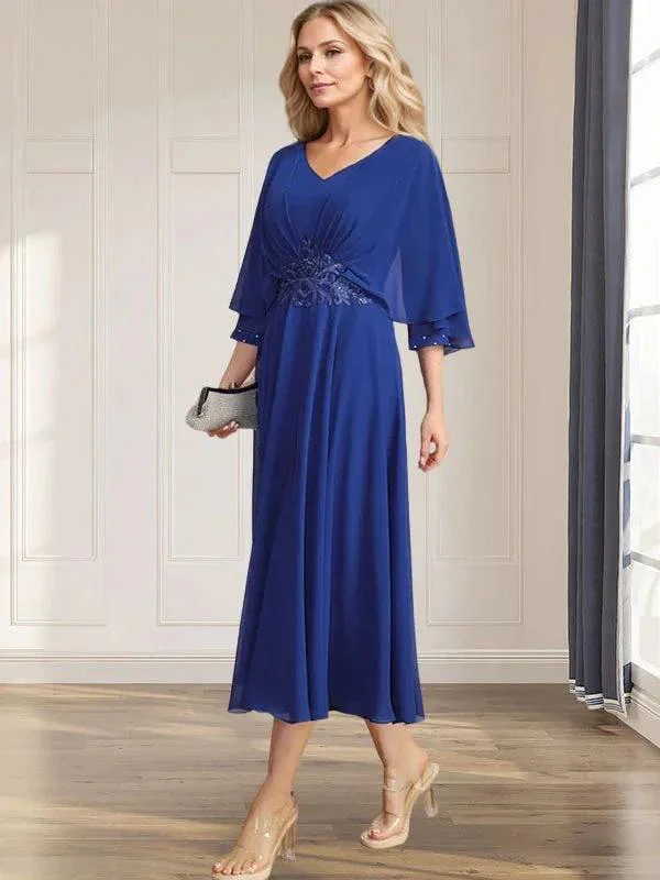 A-line V-Neck Tea-Length Chiffon Mother of the Bride Dress With Pleated Sequins Appliques Lace Beadind - Image 2