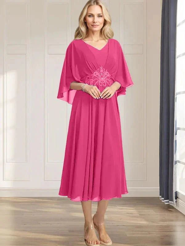 A-line V-Neck Tea-Length Chiffon Mother of the Bride Dress With Pleated Sequins Appliques Lace Beadind - Image 20