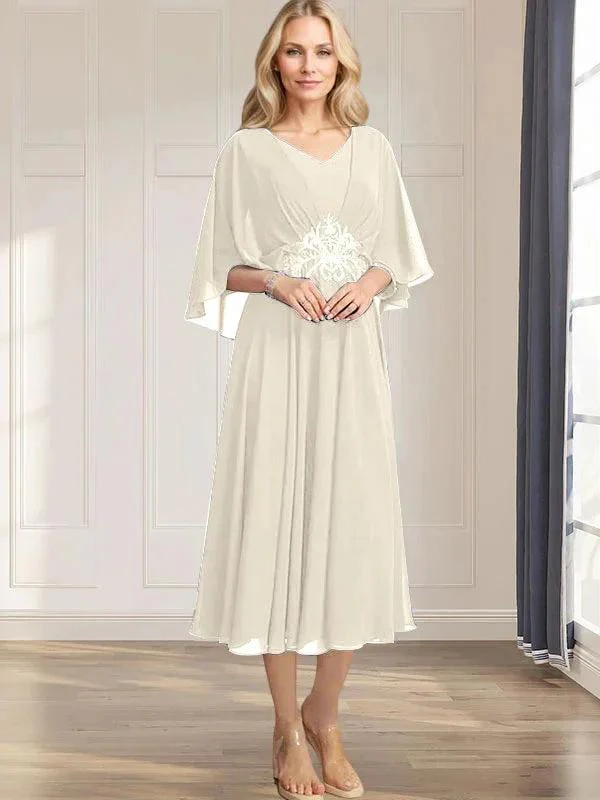 A-line V-Neck Tea-Length Chiffon Mother of the Bride Dress With Pleated Sequins Appliques Lace Beadind - Image 21