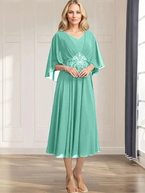 A-line V-Neck Tea-Length Chiffon Mother of the Bride Dress With Pleated Sequins Appliques Lace Beadind - Image 22