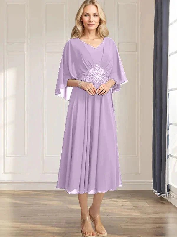A-line V-Neck Tea-Length Chiffon Mother of the Bride Dress With Pleated Sequins Appliques Lace Beadind - Image 23