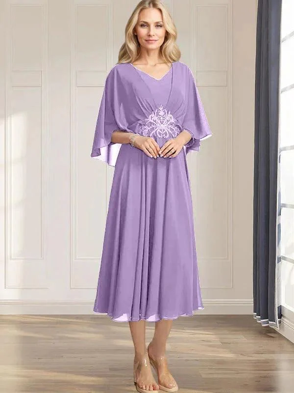 A-line V-Neck Tea-Length Chiffon Mother of the Bride Dress With Pleated Sequins Appliques Lace Beadind - Image 24