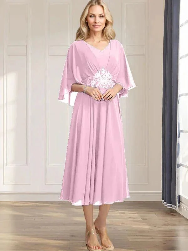A-line V-Neck Tea-Length Chiffon Mother of the Bride Dress With Pleated Sequins Appliques Lace Beadind - Image 25