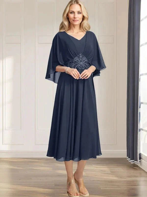 A-line V-Neck Tea-Length Chiffon Mother of the Bride Dress With Pleated Sequins Appliques Lace Beadind - Image 26