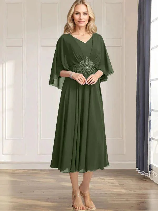 A-line V-Neck Tea-Length Chiffon Mother of the Bride Dress With Pleated Sequins Appliques Lace Beadind - Image 27
