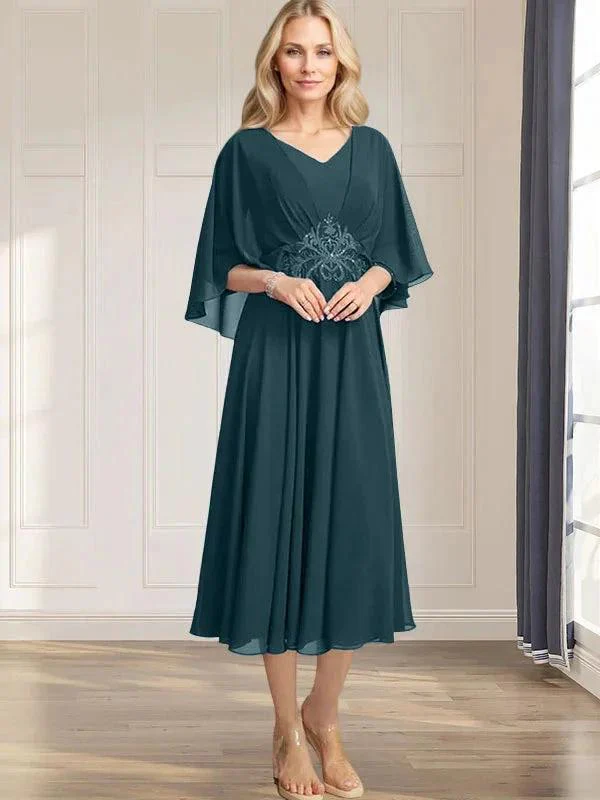 A-line V-Neck Tea-Length Chiffon Mother of the Bride Dress With Pleated Sequins Appliques Lace Beadind - Image 28