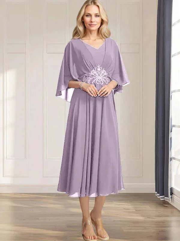A-line V-Neck Tea-Length Chiffon Mother of the Bride Dress With Pleated Sequins Appliques Lace Beadind - Image 29