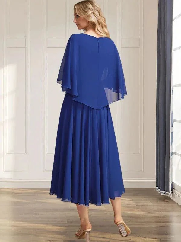 A-line V-Neck Tea-Length Chiffon Mother of the Bride Dress With Pleated Sequins Appliques Lace Beadind - Image 3