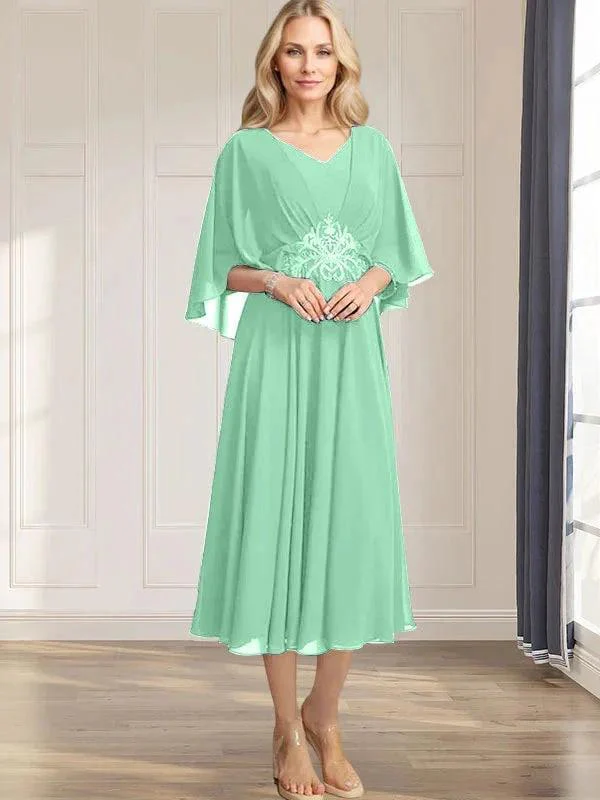 A-line V-Neck Tea-Length Chiffon Mother of the Bride Dress With Pleated Sequins Appliques Lace Beadind - Image 30