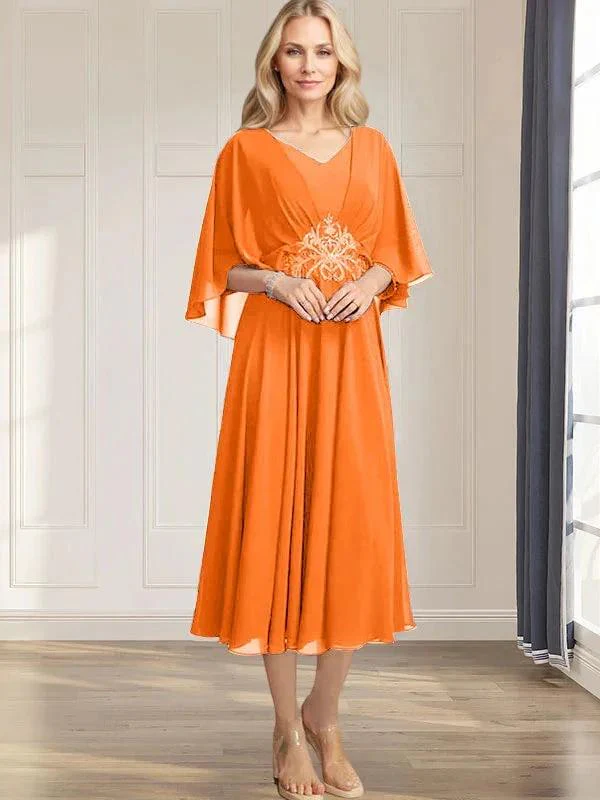 A-line V-Neck Tea-Length Chiffon Mother of the Bride Dress With Pleated Sequins Appliques Lace Beadind - Image 31