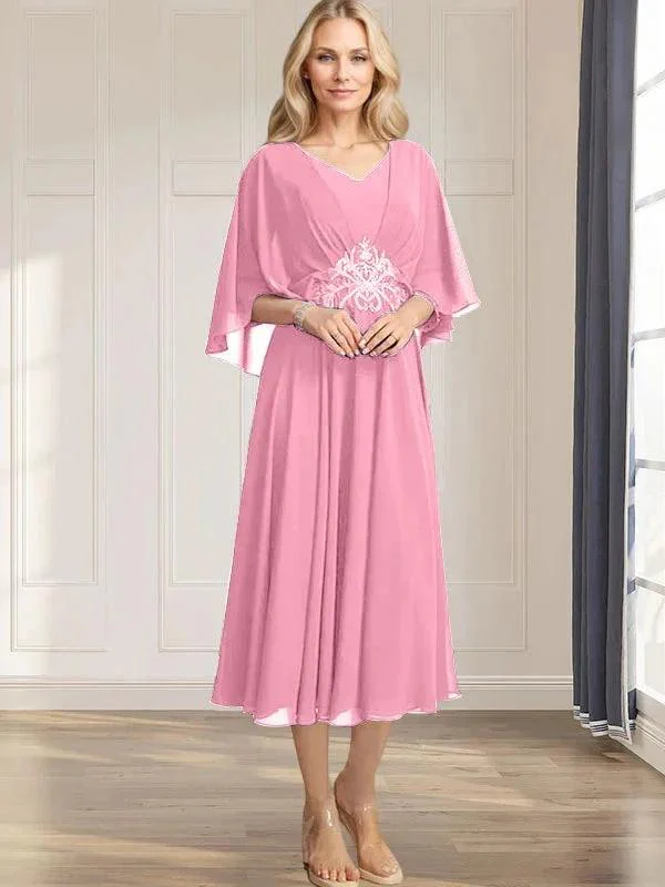 A-line V-Neck Tea-Length Chiffon Mother of the Bride Dress With Pleated Sequins Appliques Lace Beadind - Image 32