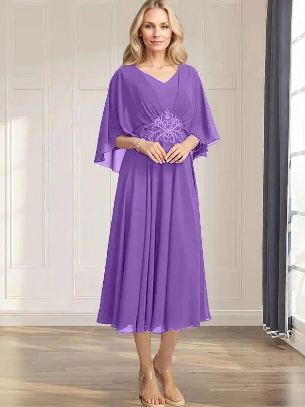 A-line V-Neck Tea-Length Chiffon Mother of the Bride Dress With Pleated Sequins Appliques Lace Beadind - Image 33