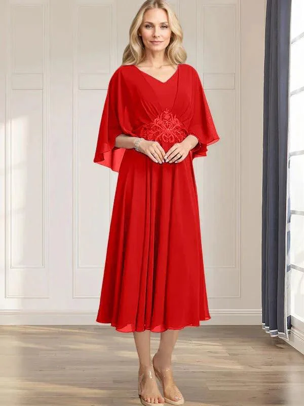 A-line V-Neck Tea-Length Chiffon Mother of the Bride Dress With Pleated Sequins Appliques Lace Beadind - Image 34