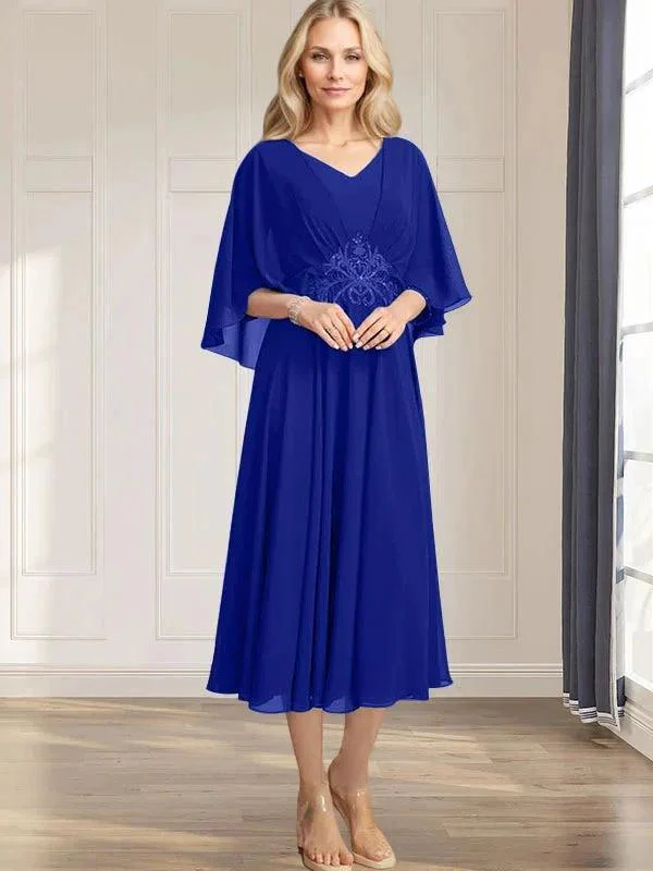 A-line V-Neck Tea-Length Chiffon Mother of the Bride Dress With Pleated Sequins Appliques Lace Beadind - Image 35