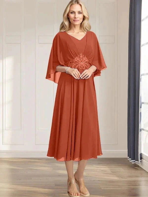 A-line V-Neck Tea-Length Chiffon Mother of the Bride Dress With Pleated Sequins Appliques Lace Beadind - Image 36