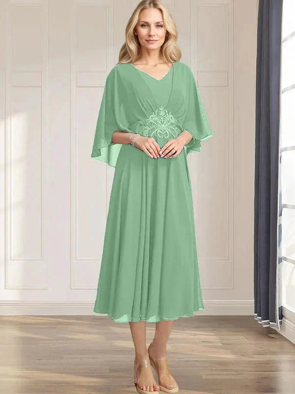 A-line V-Neck Tea-Length Chiffon Mother of the Bride Dress With Pleated Sequins Appliques Lace Beadind - Image 37