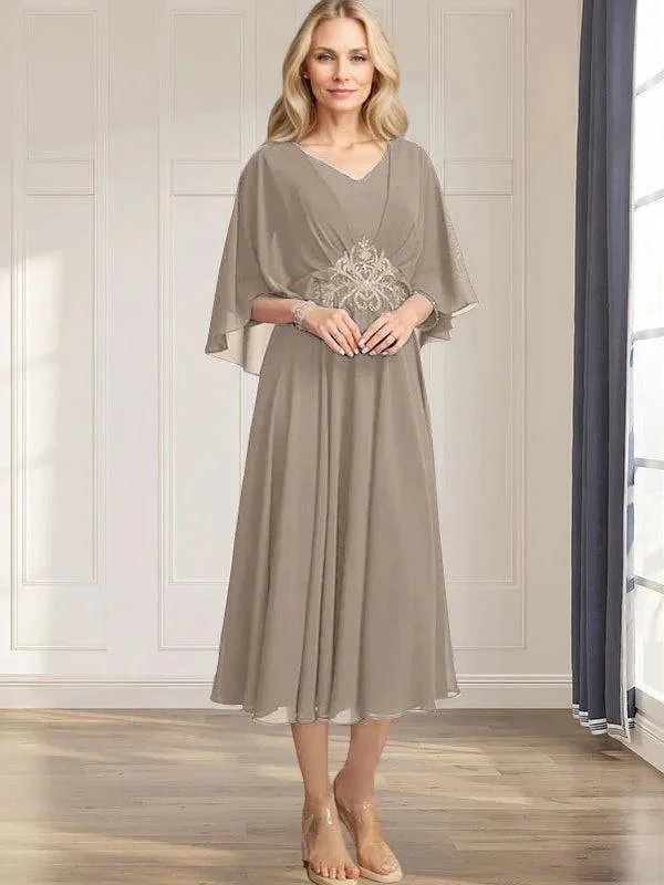 A-line V-Neck Tea-Length Chiffon Mother of the Bride Dress With Pleated Sequins Appliques Lace Beadind - Image 38