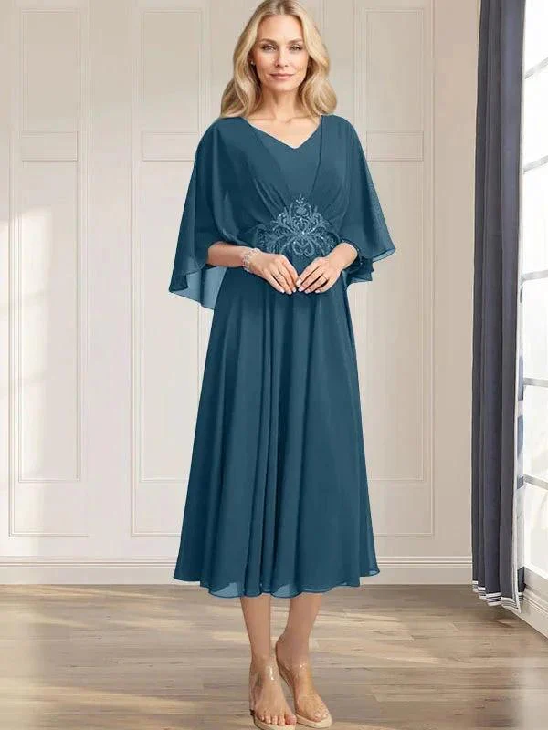 A-line V-Neck Tea-Length Chiffon Mother of the Bride Dress With Pleated Sequins Appliques Lace Beadind - Image 39