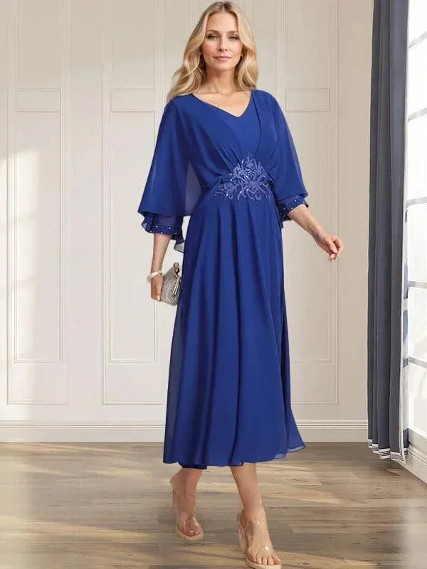 A-line V-Neck Tea-Length Chiffon Mother of the Bride Dress With Pleated Sequins Appliques Lace Beadind - Image 4