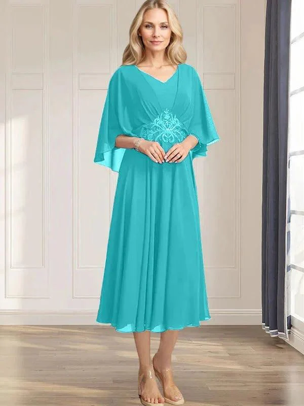 A-line V-Neck Tea-Length Chiffon Mother of the Bride Dress With Pleated Sequins Appliques Lace Beadind - Image 40