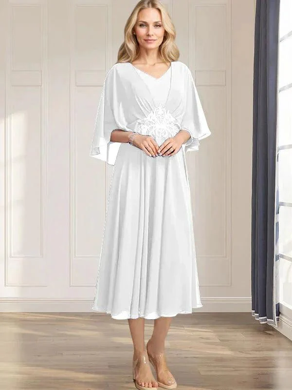 A-line V-Neck Tea-Length Chiffon Mother of the Bride Dress With Pleated Sequins Appliques Lace Beadind - Image 41