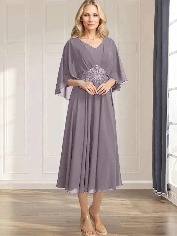 A-line V-Neck Tea-Length Chiffon Mother of the Bride Dress With Pleated Sequins Appliques Lace Beadind - Image 43