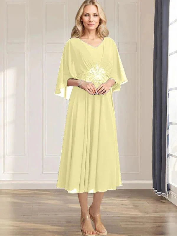 A-line V-Neck Tea-Length Chiffon Mother of the Bride Dress With Pleated Sequins Appliques Lace Beadind - Image 44