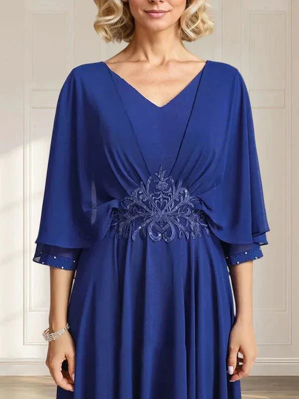 A-line V-Neck Tea-Length Chiffon Mother of the Bride Dress With Pleated Sequins Appliques Lace Beadind - Image 6