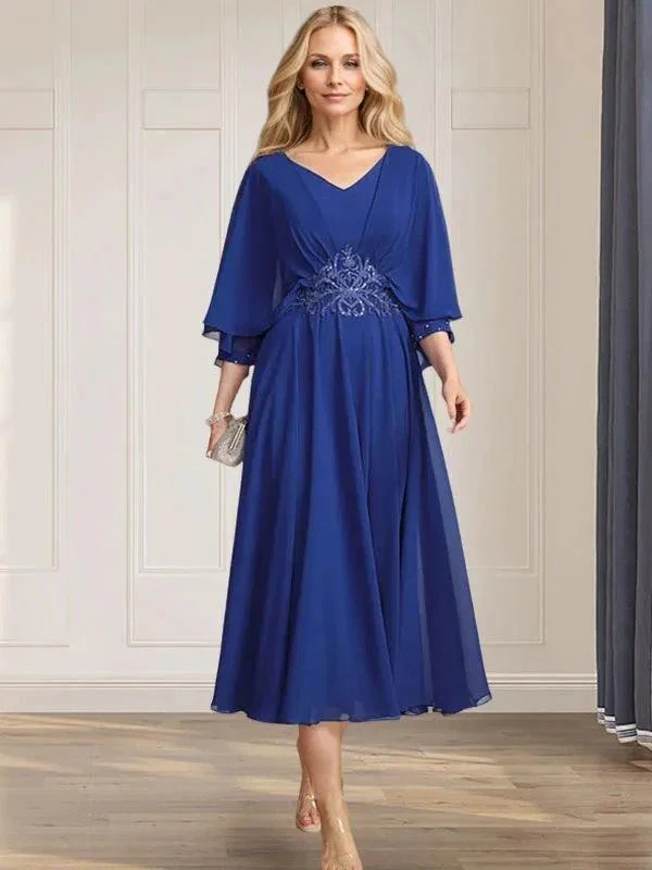 A-line V-Neck Tea-Length Chiffon Mother of the Bride Dress With Pleated Sequins Appliques Lace Beadind - Image 7