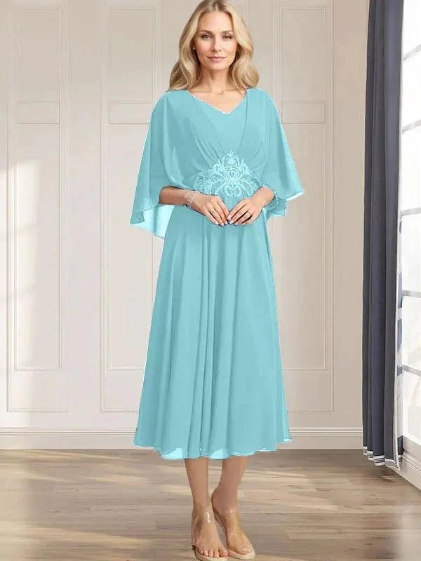 A-line V-Neck Tea-Length Chiffon Mother of the Bride Dress With Pleated Sequins Appliques Lace Beadind - Image 8