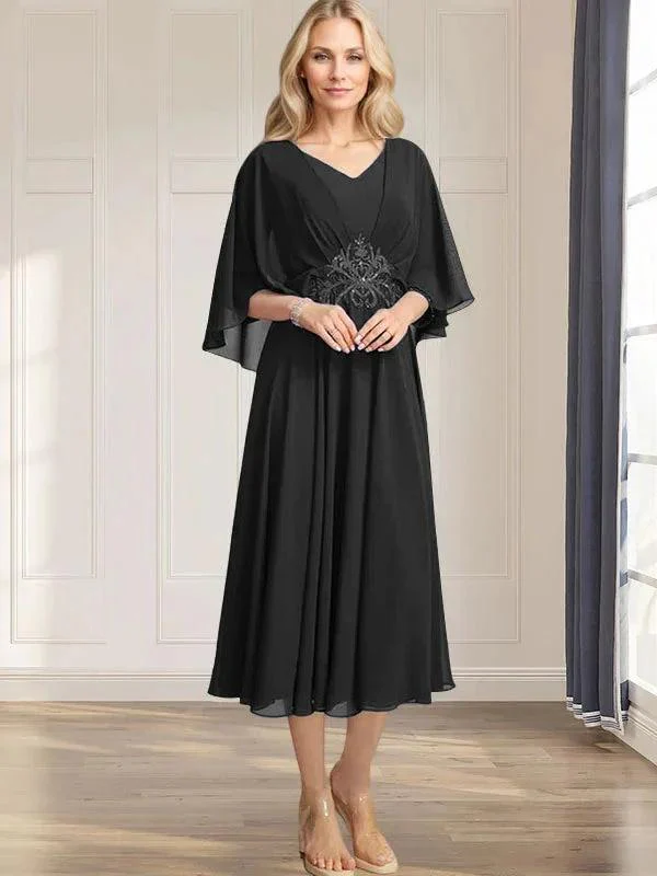 A-line V-Neck Tea-Length Chiffon Mother of the Bride Dress With Pleated Sequins Appliques Lace Beadind - Image 9